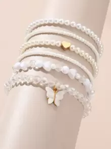 6 قطع أساور خرز البيرل المزيفة بشكل فراشة وقلب للبنات