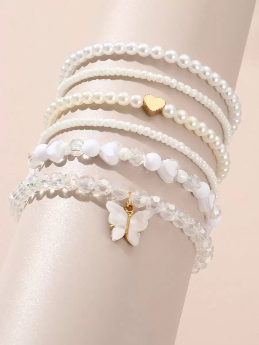 6 قطع أساور خرز البيرل المزيفة بشكل فراشة وقلب للبنات