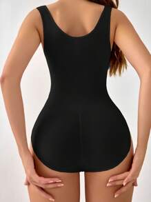女式无缝塑身连体衣，带腰部收紧和提臀内裤，宽肩带 U 领无袖收腹塑身连体衣 - 黑色 - 查看 2