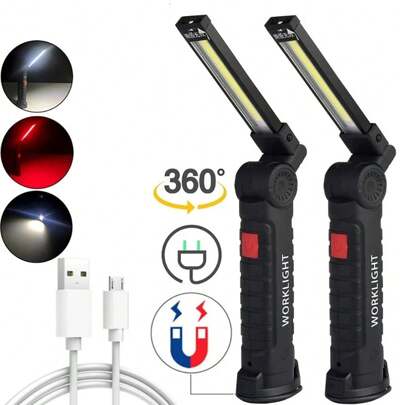 1 pezzo Luce da lavoro LED COB con doppia sorgente luminosa, pieghevole, multifunzionale, ricaricabile USB, con magnete, per riparazione auto, ispezione, torcia elettrica di emergenza, accessori per campeggio