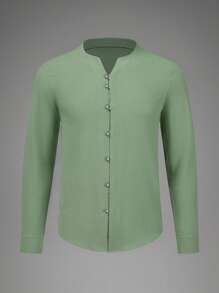tooluck Mens Long Sleeve Linen Shirt Button Up Loose Fit Vintage Shirts Banded Collar High Elastic Tops Henley Shirt - xám xanh - Xem 2