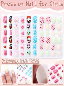 (168pcs 7 Packs) And (24pcs 1 Pack) Kids Acrylic False Nails Press-On Pre-Glued Full Cover Glitter Cute Daily Simple Polka Dots, Flowers, Hearts, Pandas, Strawberries And Other Elements Short Kids Stick-On False Nails Set For Kids Little Girls - Cute Simple Themenail Drill