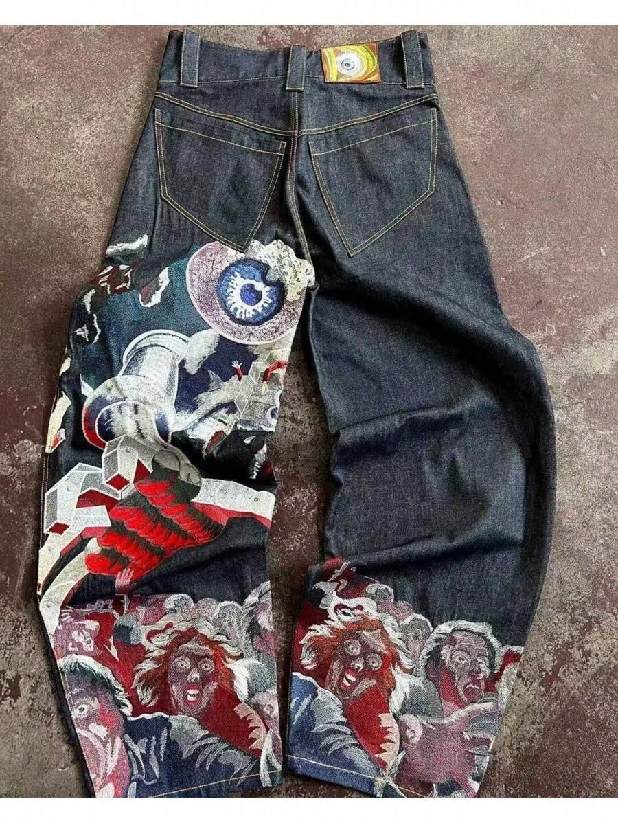 Vintage American Retro Men's Baggy Wide Leg Jeans - Distressed Denim With Edgy Black Patchwork & Ripped Details For A Bold Streetwear Look - N40深藍色 - 查看 1