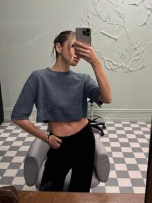 FOR BEAUTY Spring And Summer New Round Neck Short Sleeved Knitted Sweater For Women Tops Loose And Short, Simple Commuting Style Sweater Pullover, Graduation Outfit Half Sleeved Knit Top