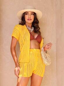 Women's Fashion Knitted Beach Cover-Up Set - Yellow - View 4