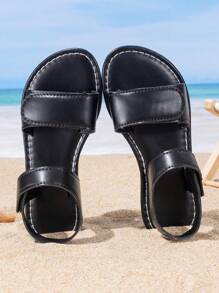 1 Pair Kids Summer Adjustable Hook&Loop Flat Casual Sandals, Fashionable Outdoor Beach Shoes - Black - View 2