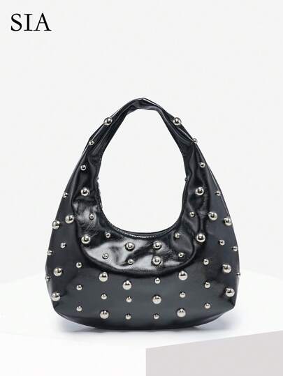 1 pieza Bolso de playa de mujer estilo retro punk bohemio con decoración oceánica, bolso de hombro y cruzado de gran capacidad de PU con remaches de ganchillo, adecuado para salidas, fiestas y uso diario