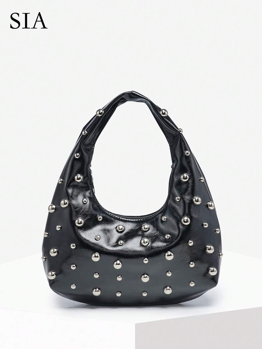 1 件女士复古朋克波西米亚风格海洋装饰沙滩包，钩编铆钉油蜡 PU 皮革大容量单肩斜挎包，适合外出、派对和日常穿着 - 黑色 - 查看 1