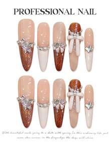 10 sztuk Vintage Brązowy Łuk Metalowy Motyl Dekoracja Ręcznie Robione Paznokcie Akrylowe French Press Na Paznokciach Punk Perłowe Kryształki Bardzo Długie Szpilki Szpiczaste Sztuczne Paznokcie Pełne Pokrycie Paznokci Tipsy Z Klejem Żelowym I Pilnikiem Do Paznokci, DIY Nail Art Supplies Music Festival Party Dzień Matki Prezent Weselny - Wielokolorowe - Zobacz 4