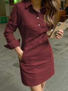 Mùa xuân và mùa thu phong cách mới thời trang giản dị ve áo nút trang trí tay dài váy ngắn cho phụ nữ - Màu đỏ tím - Xem 5