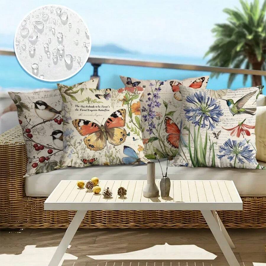 4 piezas de fundas de cojín a prueba de agua con rayas y diseño de mariposas y pájaros con flores primaverales, de diseño moderno para el hogar, jardín, playa, bancos de parque (no incluye rellenos)