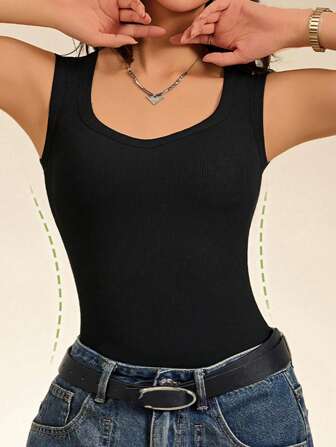 Camiseta de tirantes ancha acanalada para mujer, camiseta interior sin mangas de unicolor minimalista