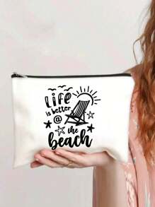 热带海滩生活化妆包 - 大容量女士旅行化妆包，拉链开合，压花棕榈树和海滩设计，轻质涤纶，适合日常使用或度假必需品，旅行化妆包 - 彩色 - 查看 3