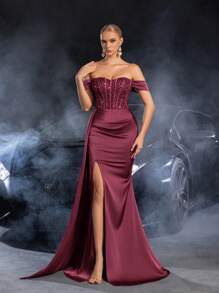 Faeriesty Đầm dạ hội trễ vai thanh lịch, thiết kế xẻ cao, xếp ly bên hông - Đầm dạ hội bằng satin sang trọng, phù hợp cho các sự kiện thảm đỏ, dạ tiệc trang trọng, lễ trao giải, đám cưới thắt cà vạt đen, trình diễn thời trang cao cấp, tiệc tùng và khách mời đám cưới. - Màu Đỏ Sâu - Xem 4