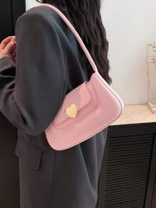 1pc Minimalist Solid Color Magnetic Heart Decor PU Zipper Shoulder Bag, Fashion Women Handbag For Work, Dating, Shopping