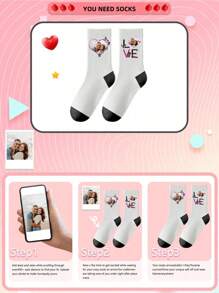 1 par de calcetines casuales y cómodos de media caña para parejas, personalizados con imágenes de amor