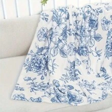 1pc Blue Floral Wool Blanket - Soft, Cozy, All-Season Blanket, Suitable For Sofa, Bed Or Camping, Retro Style, Machine Washable, Camping Blanket | Comfortable Bedding Accessory | Gift Blanket 200x150 Cm - Blue - View 10
