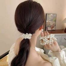 1pc/3pcs Korean White Faux Pearl Flower Hair Scrunchies, Elegant Elastic Ponytail Holders, Suitable For Daily Use In Spring & Summer,Hair Accessories,Hair Elastics,Hair Ties,Hair Rope, Hair Bobbles