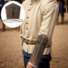 1pc Medieval Retro Style Sword Pattern Arm Guard With Adjustable Strap,PU Leather Viking Wristband Accessories For Cosplay Costume Halloween - Brown - View 2