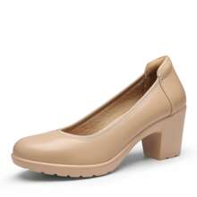 Wide Fit Women's Chunky Low Block Heels Work Pumps Comfortable Casual Round Closed Toe Dress Wedding Shoes - Màu be - Xem 8