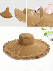 1pc Women's Outdoor Large Brim Beach Sun Hat, Woven Fluffy Trim Straw Hat, Bohemian Style Beach Hat, Summer - Straw Hat - View 8