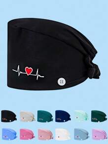 1 件女士高档棉涤纶材质心形刺绣设计系带护士帽，抗菌防尘，后部松紧，侧面有口罩带钩，适合医生、护士以及所有医务、美容、兽医工作者 - 彩色 - 查看 4