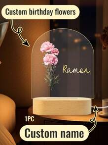 1/2 Pcs Personalized Name Arch Acrylic Night Light With Wooden Base, Custom Name Plaque With Flowers, Customized Light Up Pattern Frame