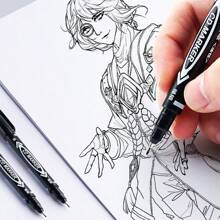5 pièces Ensemble de marqueurs permanents à double pointe - pointes fines vibrantes, préhension ergonomique, encre, convient pour les fournitures scolaires, la papeterie mignonne, la rentrée scolaire, l'écriture, le dessin et la création artistique - Multicolore - Voir 9
