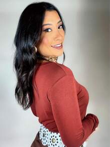 Basic Blouse - Long Sleeve V-Neck - Second Skin - Mid-Season - Mocha Brown - View 6