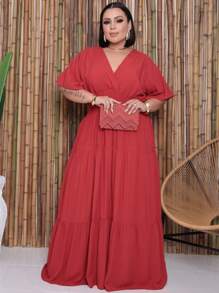 Plus Size Long Dress V Neck Short Sleeve - Tile - View 3