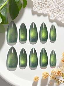 10 件复古风格手工杏仁形长可拆卸指甲贴，M 码绿色调，高端全息猫眼效果，适合女孩、派对、礼物、日常办公使用，附赠 1 个指甲锉