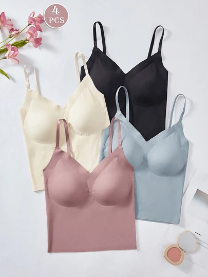 4 قطع مجموعة بلوزة حريرية مريحة مع كوب متكامل بدون غرز، قابلة للتعديل بأشرطة للنساء
