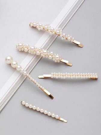 5 قطع مشابك شعر من اللؤلؤ الاصطناعي، تشكيلات متنوعة، مناسبة للاستخدام اليومي والحفلات والمناسبات. مشابك شعر من السبائك المعدنية، أدوات مدرسية