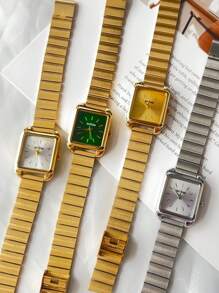 sottas 1pc 新款方形金色小绿表女简约大气韩版时尚休闲百搭小众轻奢精致钢带石英表 - 均碼 - 查看 6