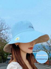 1pc Double-Sided, 3D Tailored, 11cm Wide Brim Hat, Face-Slimming, Adjustable, Soft & Comfortable, Breathable, Foldable & Portable, UV Protection, Floral Accent, Internal Soft Lining, Non-Deformable, Excellent For Photos, Fashionable & , Suitable For Back To School, Travel, Cycling, Outdoor, Hiking, Gatherings And More Occasions