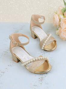 Girls' Pearl Embellished Summer Dress With High Heel Mary Jane Party Shoes, Suitable For Flower Girl, Wedding, Banquet, Princess And Toddler, Little Kid, Big Kid - Gold - View 3