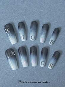 Uñas postizas hechas a mano personalizadas, manicura profesional pintada a mano, se proporciona un tamaño a medida para cada uña, alta adaptabilidad, set de 10 piezas, esmalte de gel, diseño de degradado negro ombre, letra personalizada con significado especial, para uso diario, citas, fiestas, regalos, ajuste cómodo hecho a mano, piezas de uña suaves y de alta calidad, reutilizables
