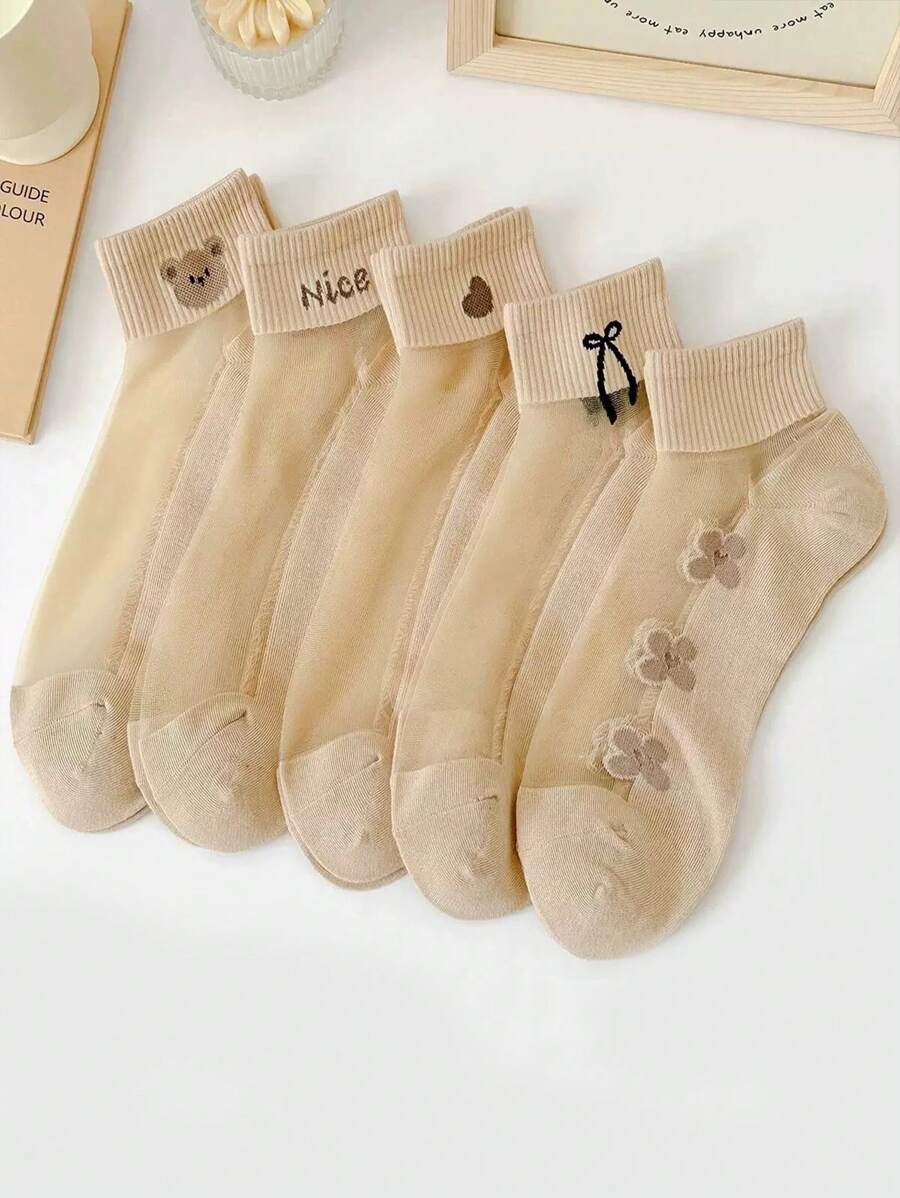 5 Pairs Women's Apricot Sheer Socks, Lightweight Summer Cartoon Cute Bow Bear Design Breathable Casual/Sport/Gift Ankle Socks, Suitable For Daily, Leisure, Sports, Air-Conditioning - Apricot - View 1