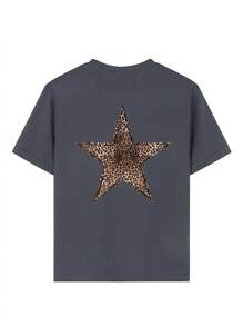 少女休闲豹纹星形印花圆领短袖T恤，明亮欢快，每天都带来阳光！夏季上衣，少女夏季必备，图案T恤 - 深灰色 - 查看 5