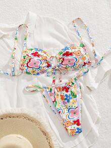 新品春夏抽绳抹胸彩色花朵吊带比基尼套装