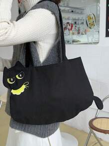 可爱卡通小猫印花手提帆布包，可爱女士单肩包，宽敞的学生手提包和购物袋 - 黑色 - 查看 1