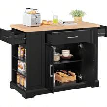 Kitchen Island On Hidden Wheels, Rolling Kitchen Cart With Thicker Rubberwood Top & 3 Drawers & Open Shelves, Storage Cabinet With Adjustable Shelves For Dining Room, 46″L * 22″W, Black - 黑色 - 查看 8