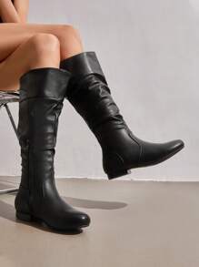 Women's Winter Warm Wide-Calf Knee-High Boots Faux Fur Lined Side-Zip Square-Toe Block-Heel Leather Slouch Boots - Black/PU - View 3