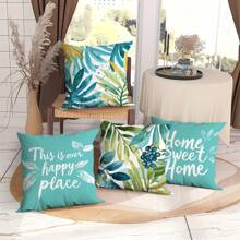 4 件户外条纹防水枕套，热带植物叶子和祝福文字印花，适用于海滩、露台、沙发枕头，无枕芯