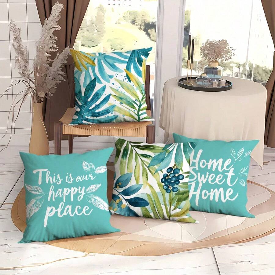 4 件户外条纹防水枕套，热带植物叶子和祝福文字印花，适用于海滩、露台、沙发枕头，无枕芯