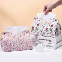 1pc PU Leather Tissue Box Cover With Floral Print Design, Butterfly & Flower Pattern Tissue Box For Desktop, Home, Living Room, Bedroom, Car, Makeup Storage Organizer, Suitable For Back To School, Wedding Season, Birthday Party