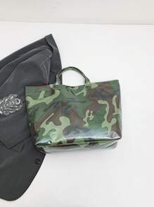 Bolso de moda para mujer, bolso de tote transparente de PVC con diseño de estampado de camuflaje y bloqueo de color, bolso impermeable para mujer, gran capacidad para ocio, vacaciones y playa, estilo informal, gran capacidad, correa de hombro fija, cierre a presión, forro de poliéster, diseño de estampado aleatorio, adecuado para el trabajo y el transporte.