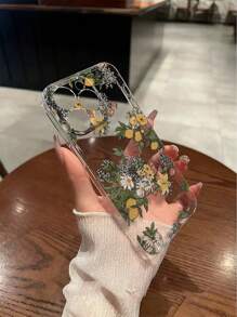 1pc Precision Perforated High Transparency Lemon Flower Branch Pattern Soft Protective Phone Case, Suitable For IPhone 16, Series