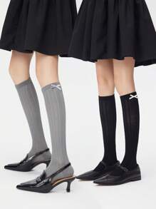 1 双女士薄款蝴蝶结针织网眼袜，少女孔图案洛丽塔风格，透气休闲日常袜子，春夏