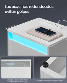 VASAGLE Mesita de Noche con Estación de Carga, Mesa Auxiliar con Luces LED Ajustables, con Cajón, 2 Tomas AC, 2 Puertos USB, Moderno, para Dormitorio, Salón, Blanco Nube - Enchufe EU Tipo C(220-240V) - Ver 6